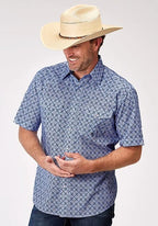 Roper 1932 Blue Skies Tie Print (Blue) - Men's Short Sleeve Shirt