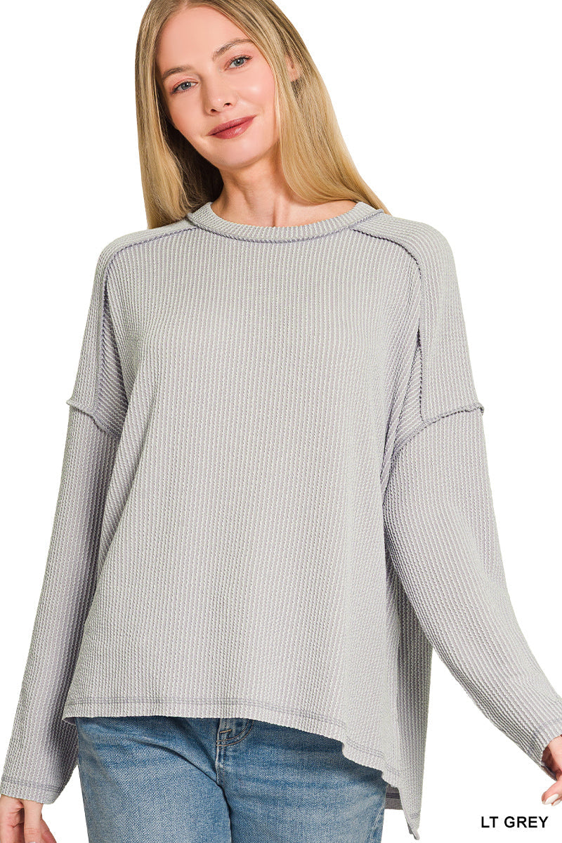 Raised Rib Raw Edge Long Sleeve Zenana Top *Multiple Colors*