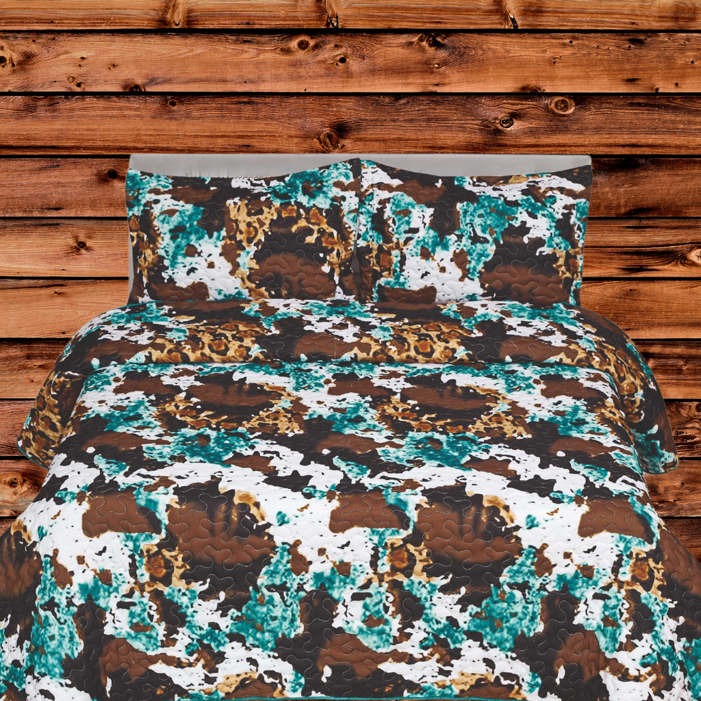 SOUTH OF LAREDO COLLECTION - SUNFLOWER AND COW PRINT - WESTERN 3 PIECE OVERSIZE KING BEDROOM SET