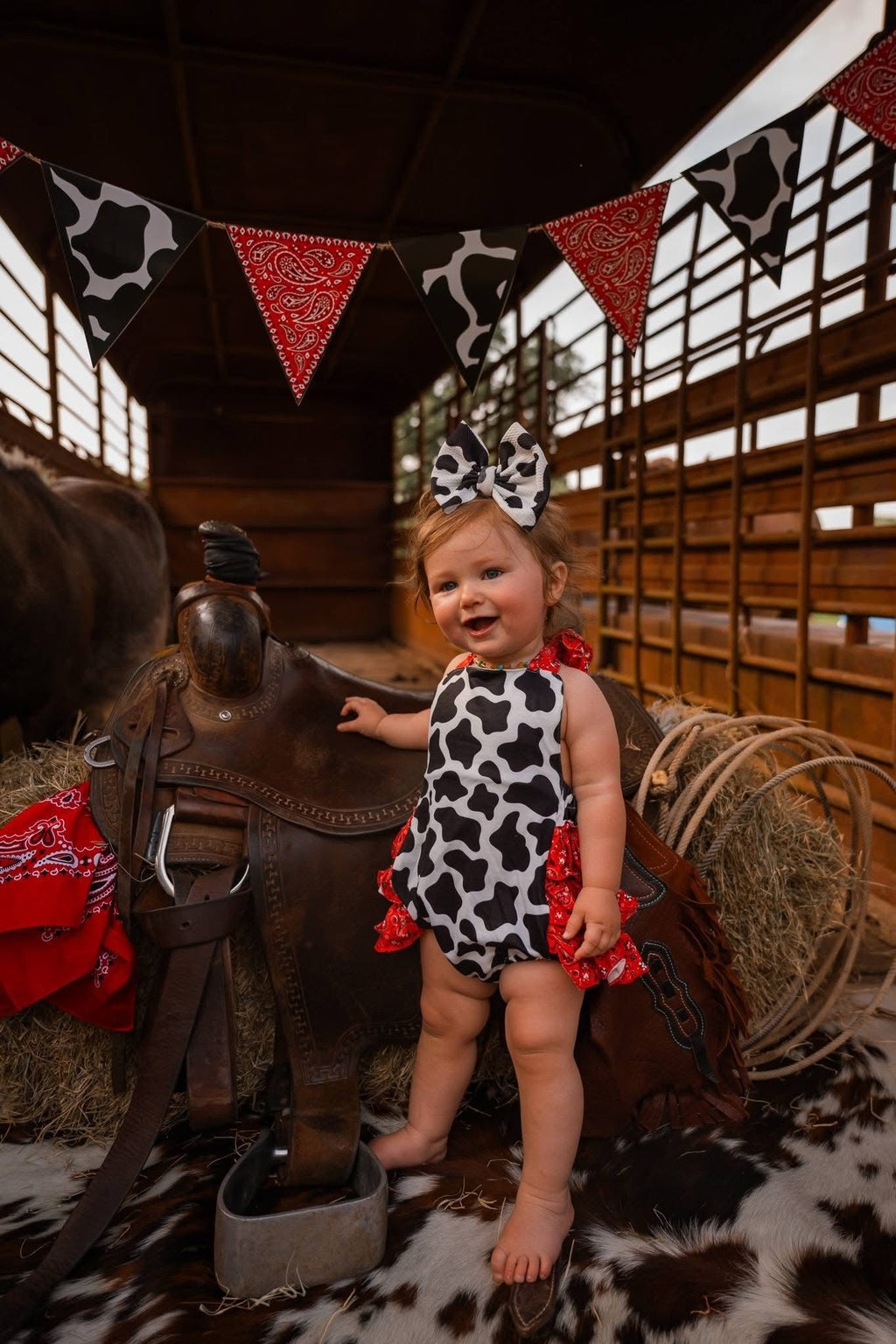 Cow paisley tie romper