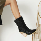 Cowgirl Chic High Heel Ankle Boots - Trendy Denim and Leather Boots for Women