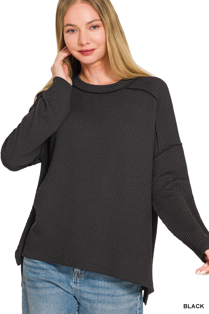 Raised Rib Raw Edge Long Sleeve Zenana Top *Multiple Colors*