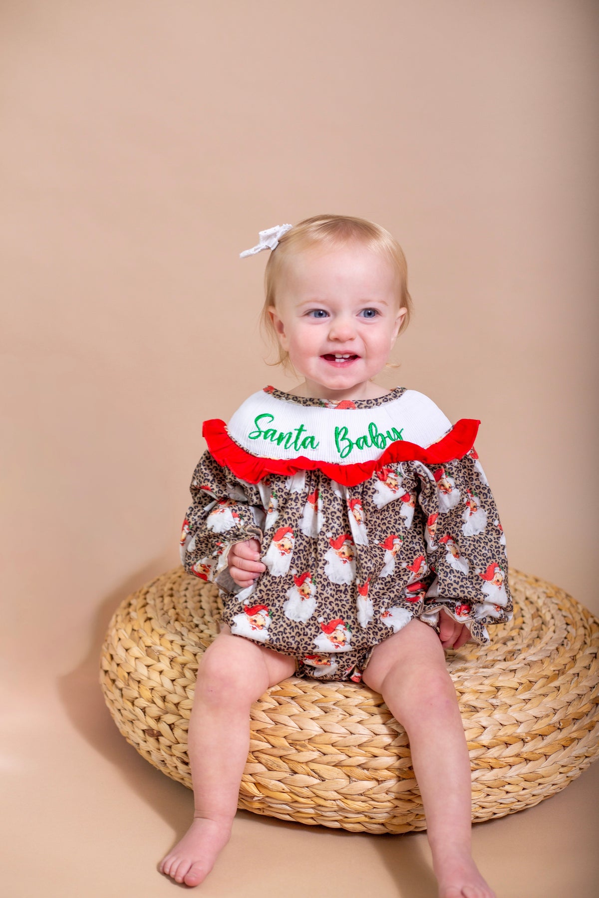Santa baby smocked ruffle romper