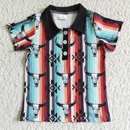 Aztec bull skull short sleeve boy western shirt