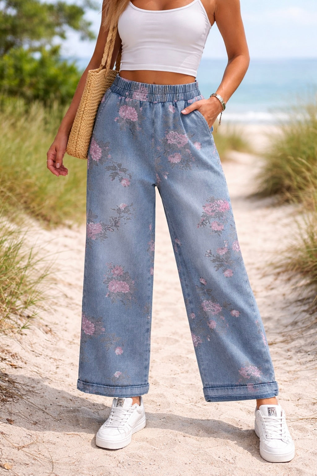 Blue Floral Elastic Jeans