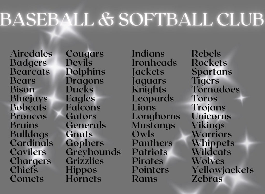 Baseball Club & Softball Club Mascot Tees (60 Mascots Available)