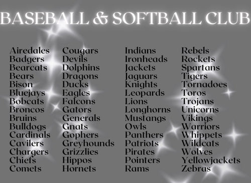 Baseball Club & Softball Club Mascot Tees (60 Mascots Available)
