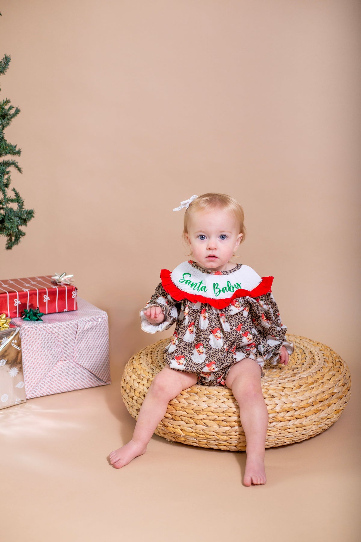 Santa baby smocked ruffle romper