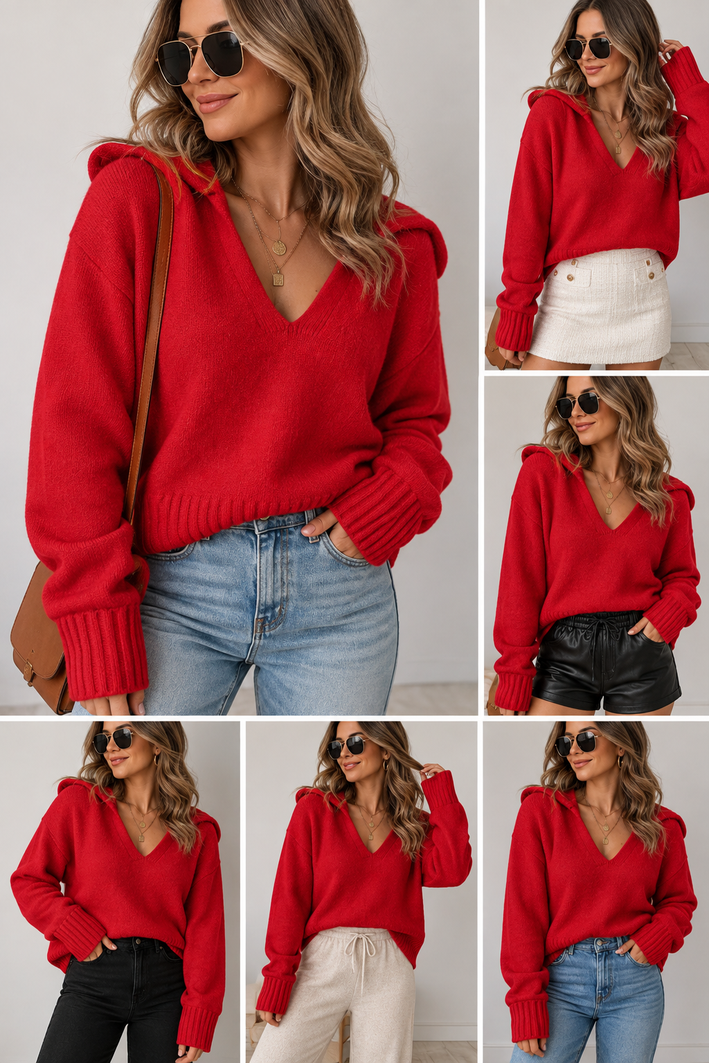 Red V Neck Ribbed Sweater