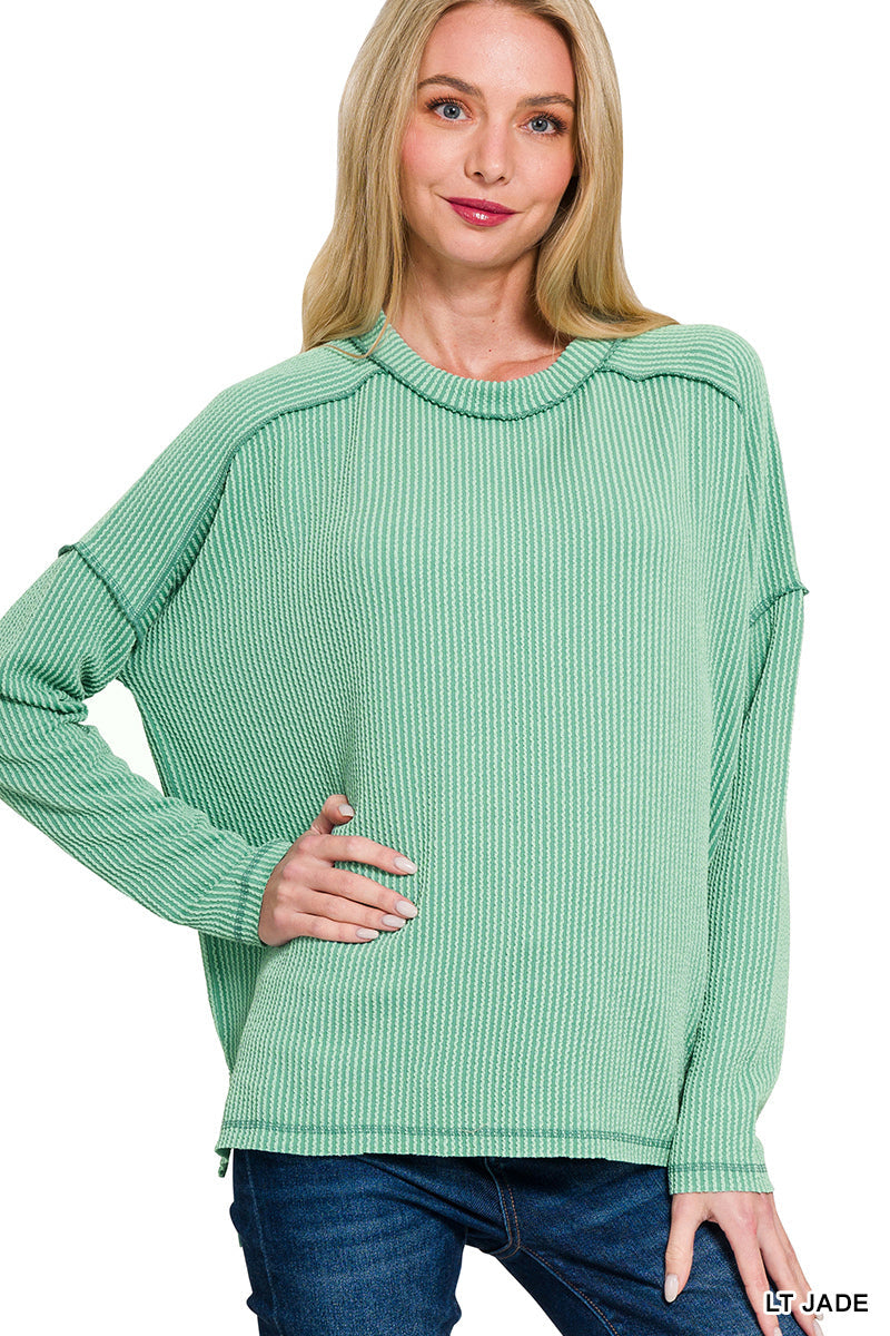 Raised Rib Raw Edge Long Sleeve Zenana Top *Multiple Colors*