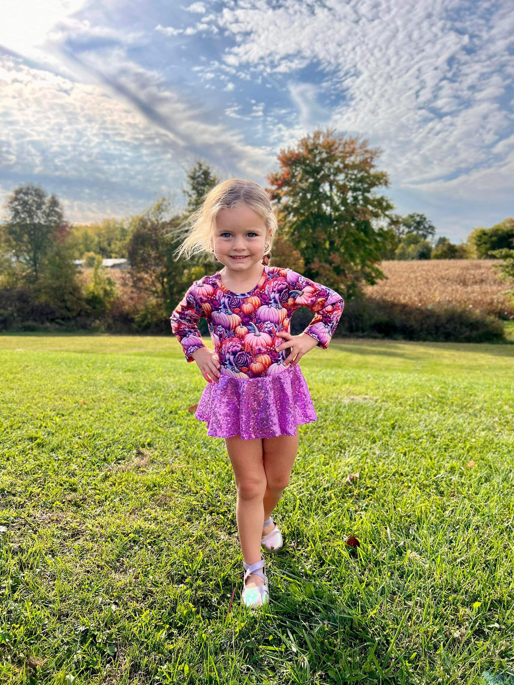 Purple pumpkin Long sleeve mesh skirted romper