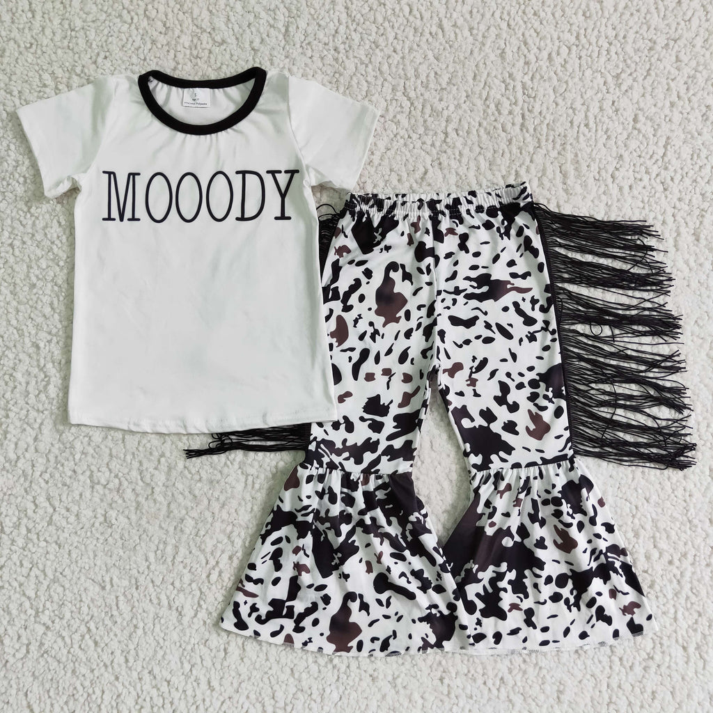 Moody shirt cow tassels bell bottom pants girls western clothing