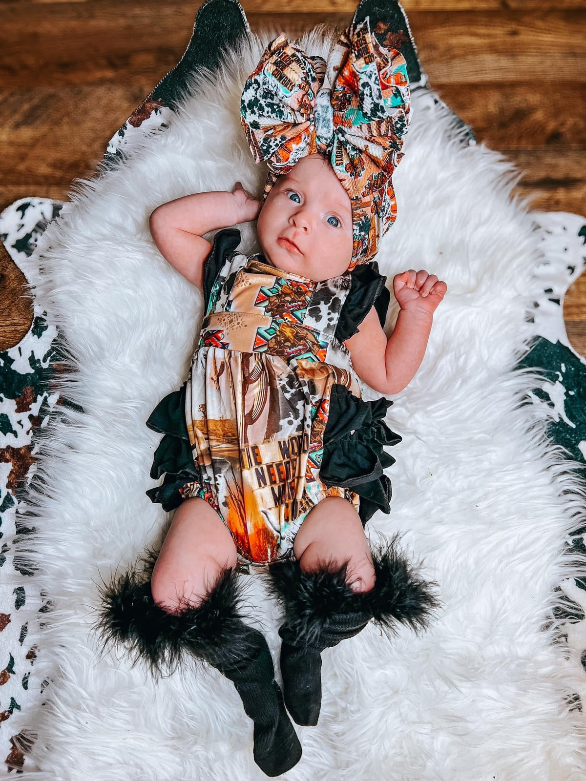 Western collage ruffle romper