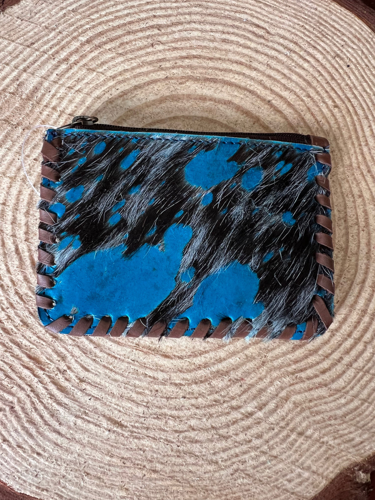 Western Hair-on-Hide Coin Purse — Teal Paint Splatter Hand-Painted Cowhide