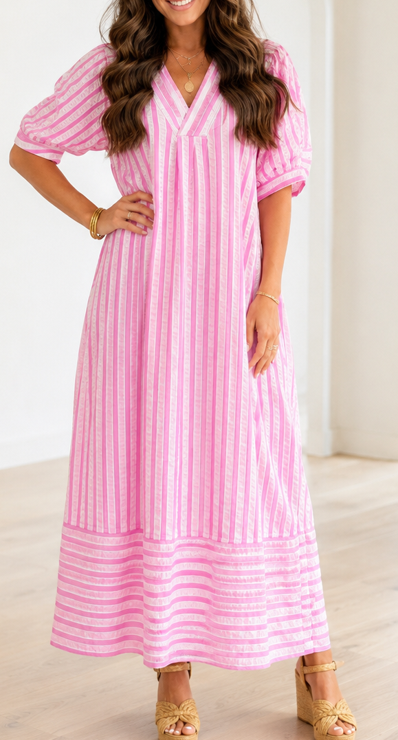 Pink Stripe V Neck Dress