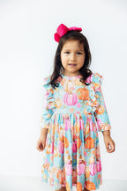 Preppy Pumpkins 3/4 Sleeve Ruffle Twirl Dress