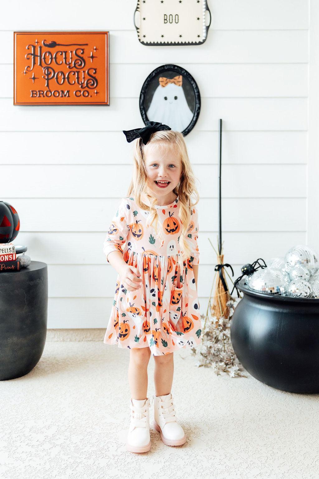 Pumpkin Peekaboo 3/4 Sleeve Pocket Twirl Dress