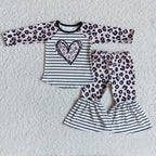 Heart print leopard bell bottom pants kids girls boutique valentine's clothing