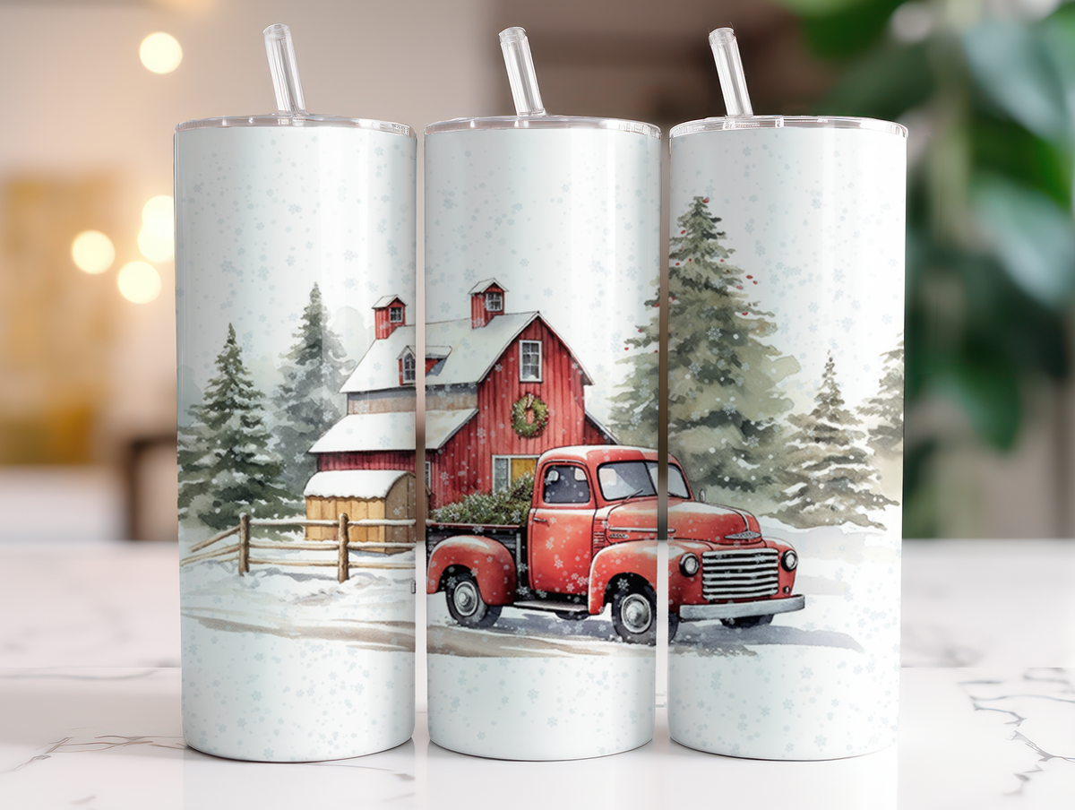 Red Truck & Barn Christmas 20oz Skinny Tumbler