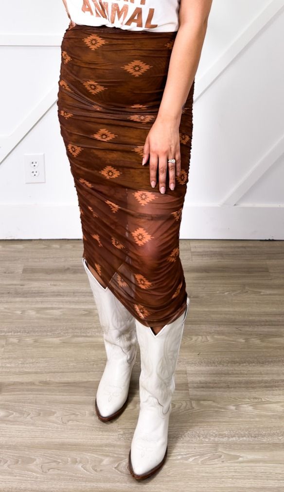 Southwestern Aztec Mesh Midi Skirt, Brown