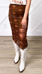 Southwestern Aztec Mesh Midi Skirt, Brown