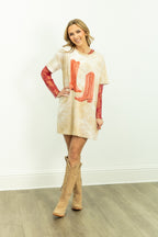 Red Cowgirl Boots on Beige Tie Dye T-Shirt Dress