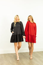 Waffle Knit Long-Sleeve Dress, Red