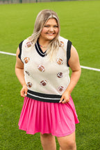 Glitter Football Patches Knit White Vest