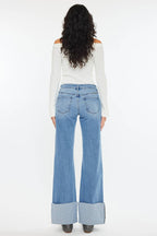 Kan Can Mid Rise Wide Flare Cuff Western Jeans — Medium Wash Stretch Denim, 5 Pocket, Cuffed Raw Hem (sizes 1, 11 and 13 remain)