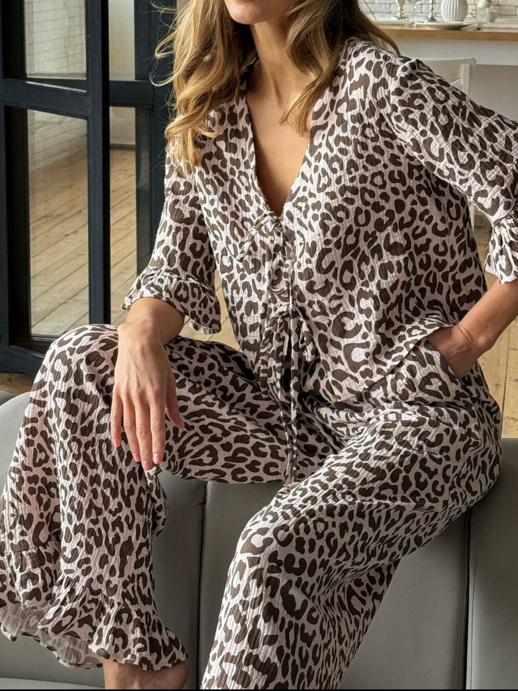LEOPARD PRINT RUFFLE TRIM AND PANTS LOUNGE SET