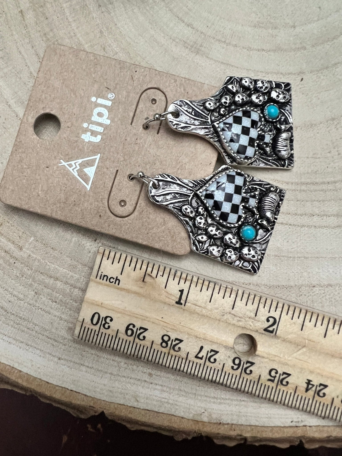 Western Cattle Tag, Armadillo & Spade Earrings with Checker Detail — 1½" Drop