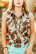 LUCKY & BLESSED Sleeveless Cowhide Print Denim Western Shirt with Pearl Snaps — Brown & Cream - small remains