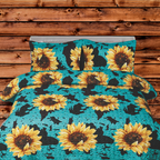 SOUTH OF LAREDO COLLECTION - SUNFLOWER AND COW PRINT - WESTERN 3 PIECE OVERSIZE KING BEDROOM SET