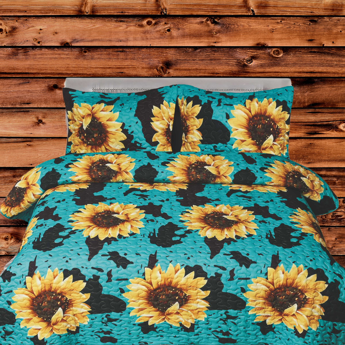 SOUTH OF LAREDO COLLECTION - SUNFLOWER AND COW PRINT - WESTERN 3 PIECE OVERSIZE KING BEDROOM SET