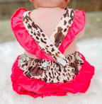 Brown cow & pink ruffle Romper