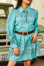 LUCKY & BLESSED "Jade Aztec" Pearl Snap Long-Sleeve Pleated Western Dress — Bold Aztec Print with Pleated Skirt