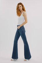 Kan Can High-Rise Super Flare Western Jeans — Dark Wash with Back Waistband Seam Detail & Front Coin Pocket (Size 9 remaining)
