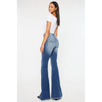 Kan Can High-Rise Super Flare Western Jeans — Dark Stone Wash with Two-Button Zip Fly & Distressed Detailing (Size 7 available)