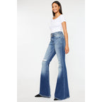 Kan Can High-Rise Super Flare Western Jeans — Dark Stone Wash with Two-Button Zip Fly & Distressed Detailing (Size 7 available)