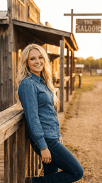 LUCKY & BLESSED Mid Wash Stretch Denim Pearl Snap Western Shirt — Bold Contrast Boot-Stitch Embroidery (Long Sleeve)