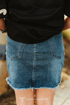 LUCKY & BLESSED "Nashville" High-Rise Raw Hem Western Denim Mini Skirt — Vintage Mineral Wash with Concho Belt-Ready Loops