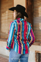 LUCKY & BLESSED Serape Pearl Snap Embroidered Western Top — Red & Turquoise Multi-Color Stripe Cowgirl Statement