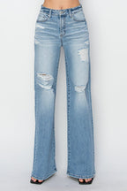 Risen High-Rise Wide Distressed Western Jeans — Light Wash Playful Distressing with Wide-Leg Cut