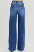 Risen High-Rise Wide-Leg Slanted Pocket Western Jeans — Dark Wash Rugged Style with Back Patch Pocket (Size 0, 9, 11, 13 and 15)