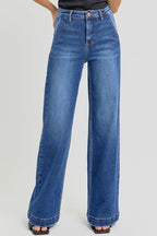 Risen High-Rise Wide-Leg Slanted Pocket Western Jeans — Dark Wash Rugged Style with Back Patch Pocket (Size 0, 9, 11, 13 and 15)