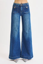 Risen Mid-Rise Wide Front Patch Pocket Western Jeans — Dark Wash with Trouser Hem & Tabbed Patch Pocket