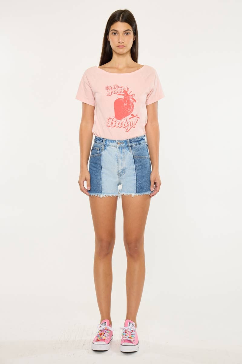 Kan Can Two-Tone Color Block Ultra High-Rise Western Denim Shorts — 11" Rise with Raw Frayed Hem - medium and large remain