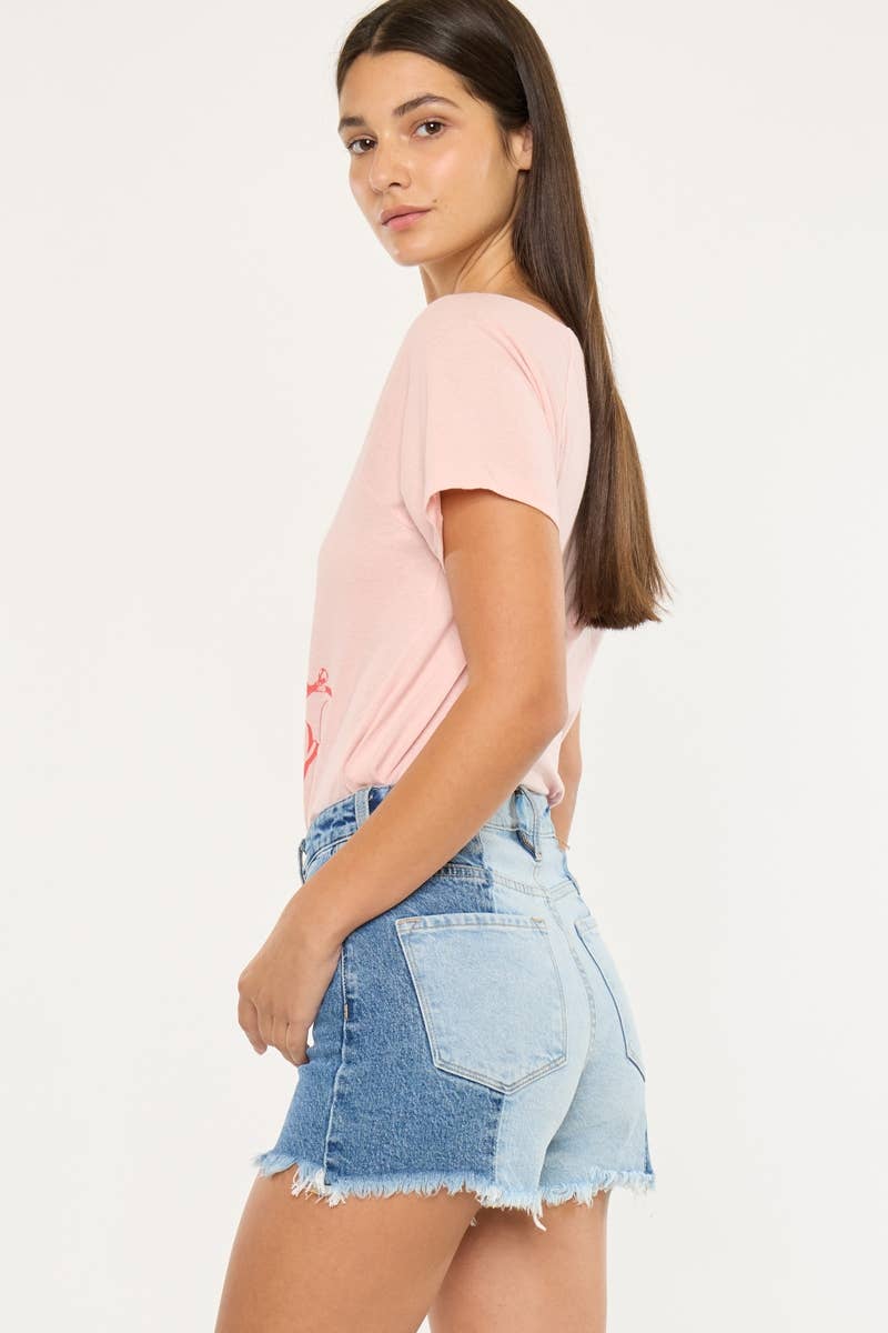 Kan Can Two-Tone Color Block Ultra High-Rise Western Denim Shorts — 11" Rise with Raw Frayed Hem - medium and large remain