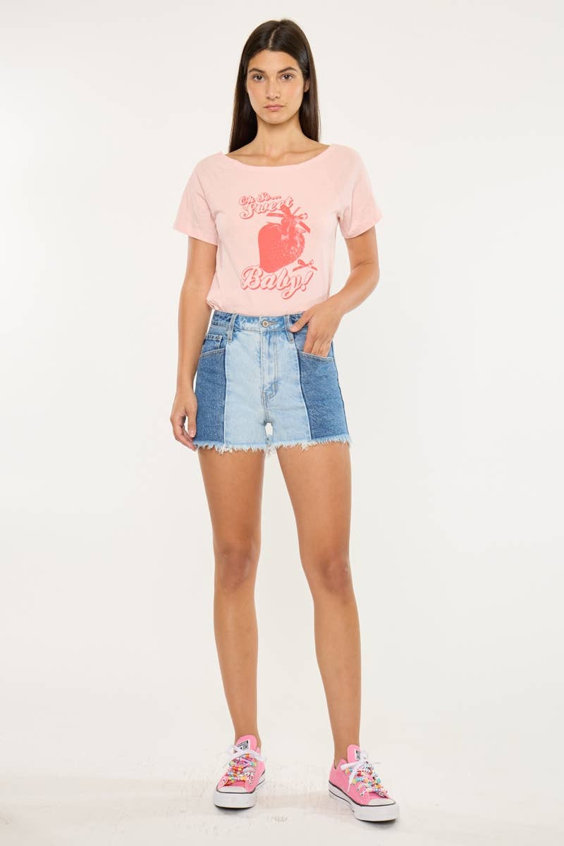 Kan Can Two-Tone Color Block Ultra High-Rise Western Denim Shorts — 11" Rise with Raw Frayed Hem - medium and large remain