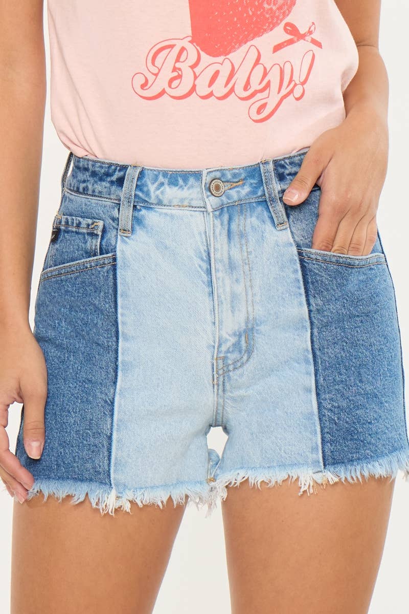 Kan Can Two-Tone Color Block Ultra High-Rise Western Denim Shorts — 11" Rise with Raw Frayed Hem - medium and large remain